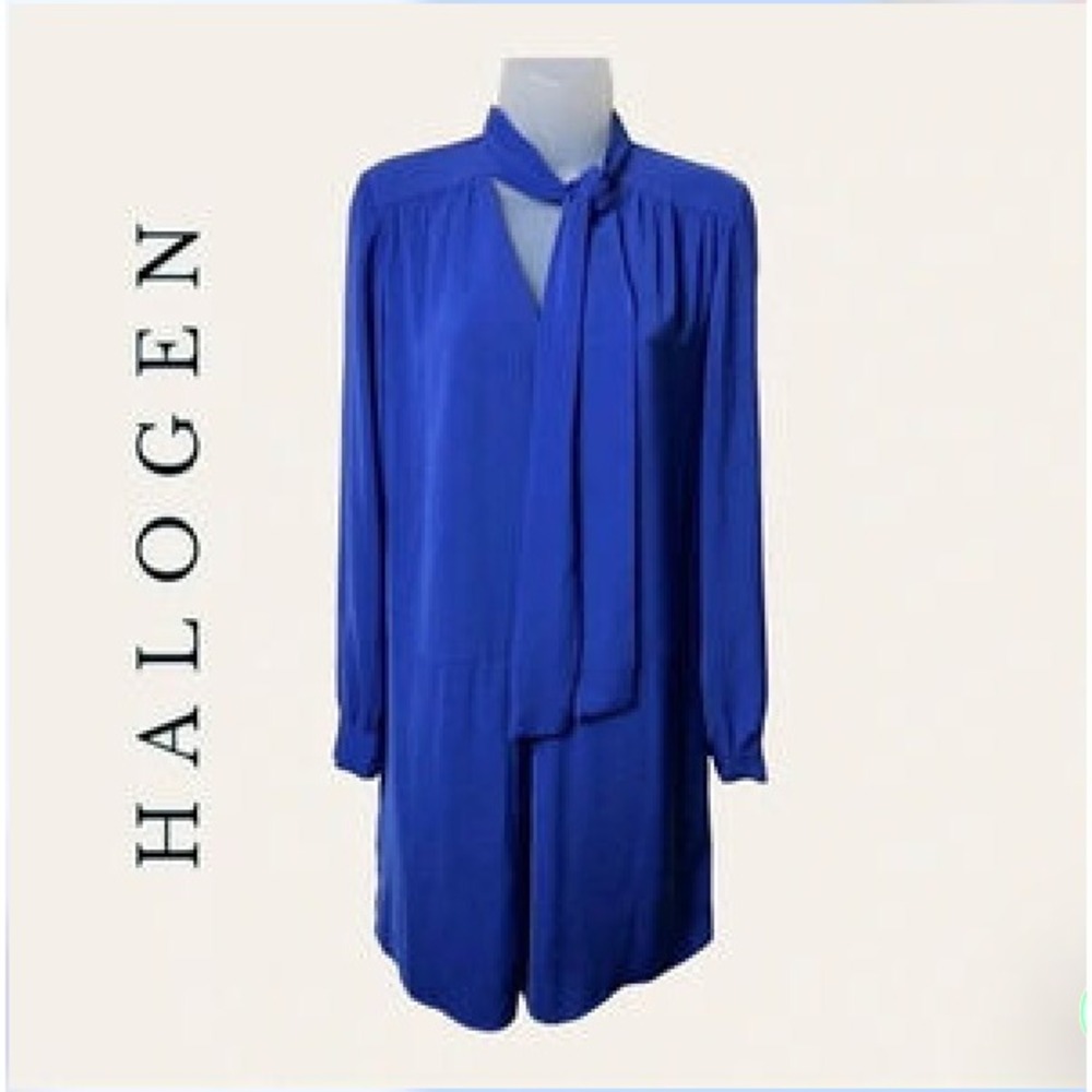 Halogen Blue Long Sleeve Tie-Neck Shift Dress Womens XS Knee Length